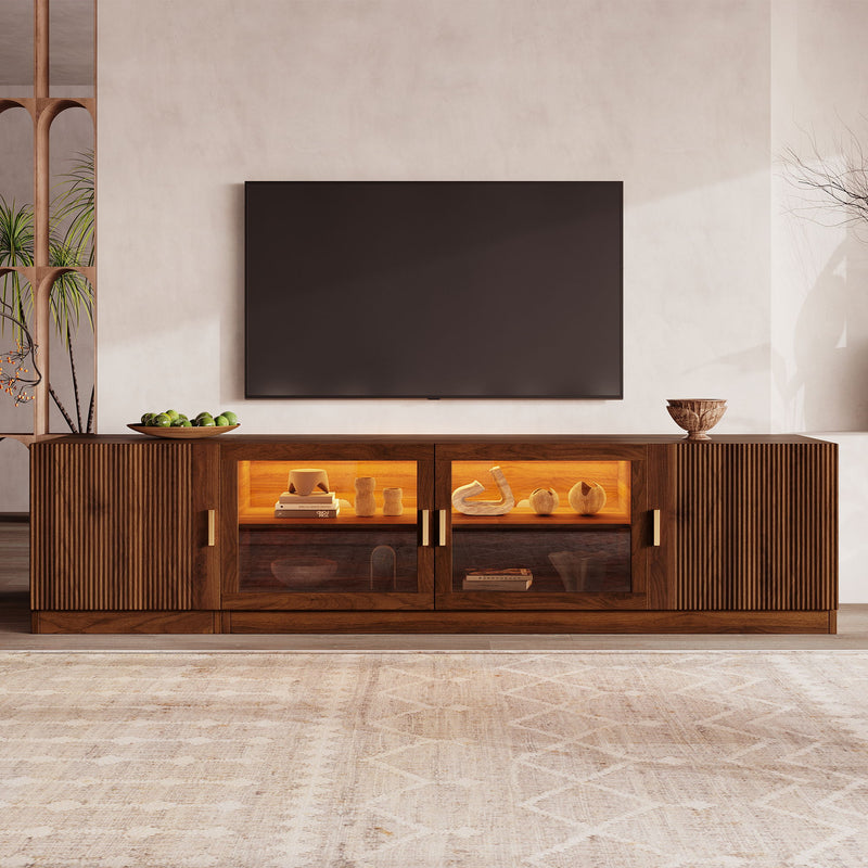 TV Stand, Media Console With Glass Doors And LED Lights, Adjustable Shelf Storage - Walnut