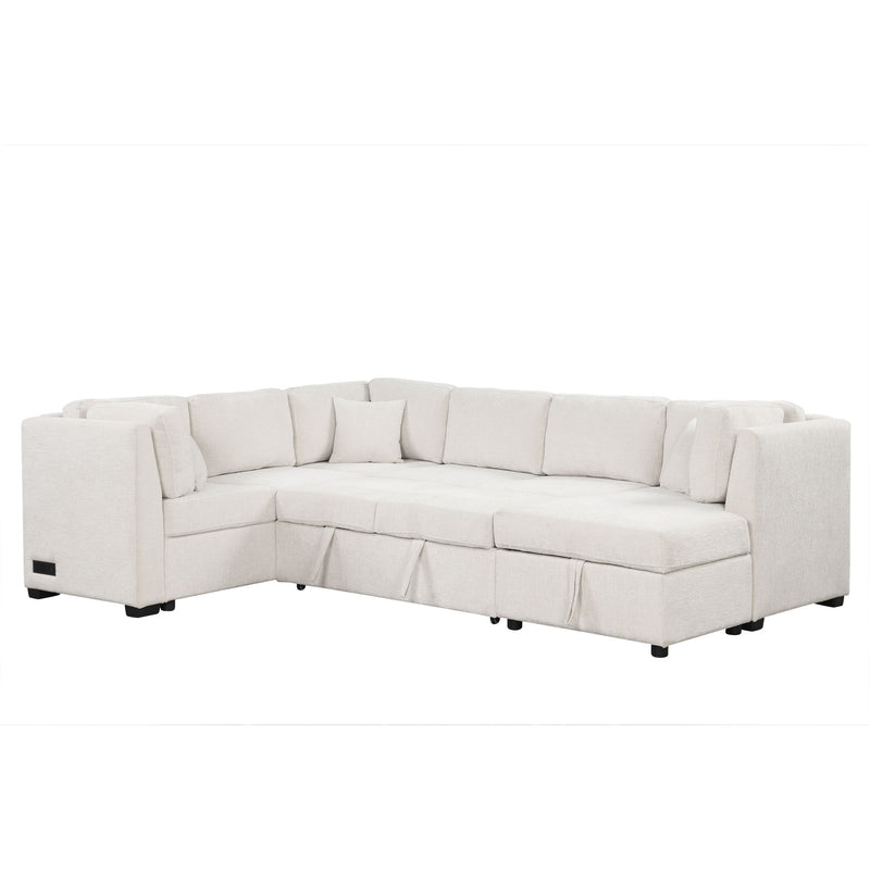 U-Shaped Sectional Sofa Pull Out Sofa Bed With Two USB Ports, Two Power Sockets, Three Back Pillows And A Storage Chaise For Living Room