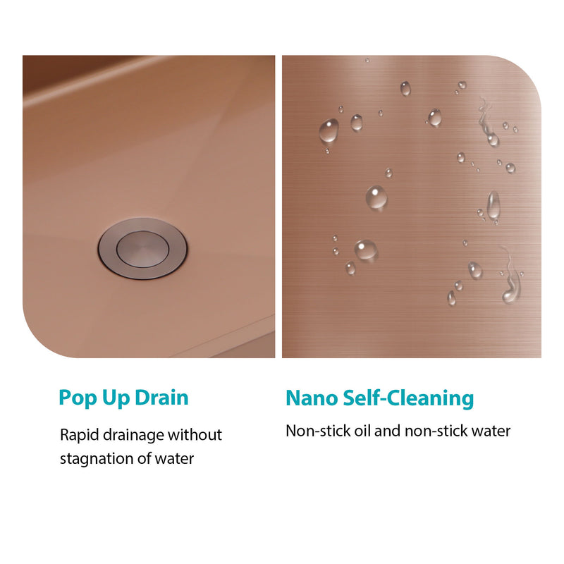 19" X 15" Stainless Steel Bathroom Sink With Pop Up Drain, Nano Surface - Rose Gold