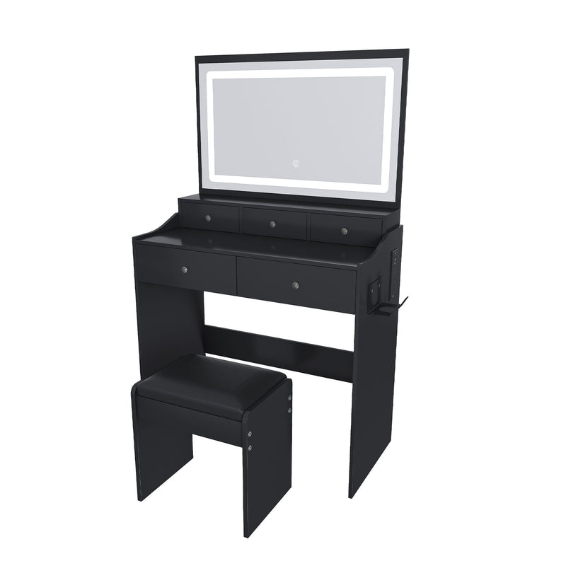 Modern Makeup Vanity Set With Power Outlet, Hair Dryer Holder, And Adjustable Lighting