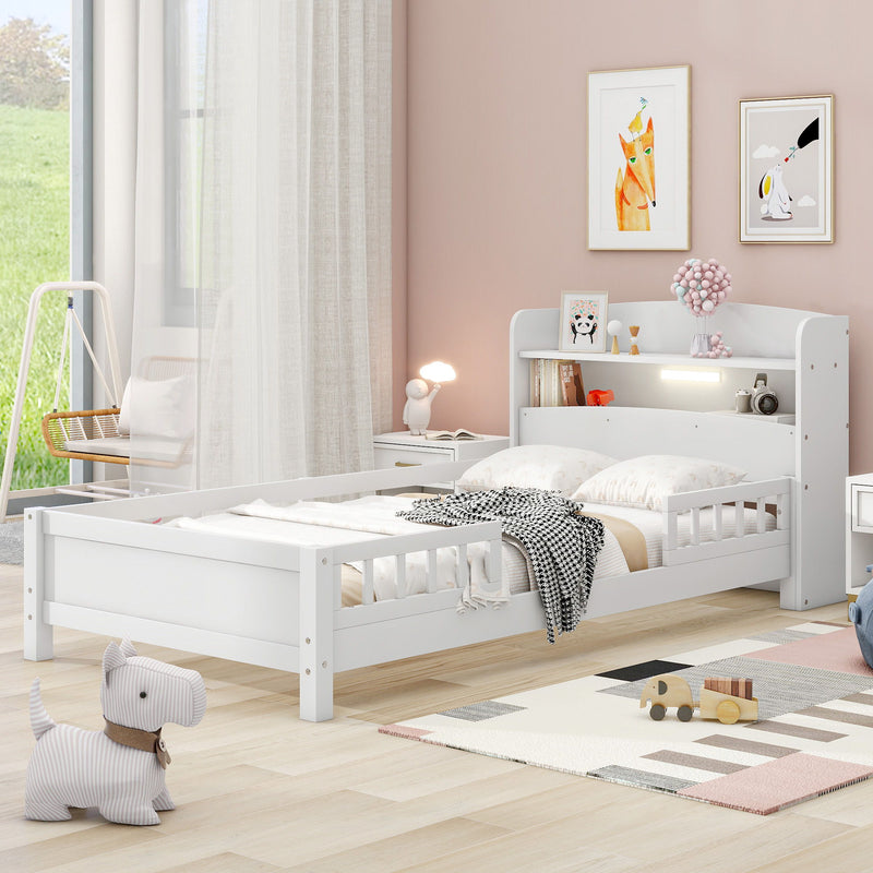 Wood Platform Bed With Built In LED Light, Storage Headboard And Guardrail