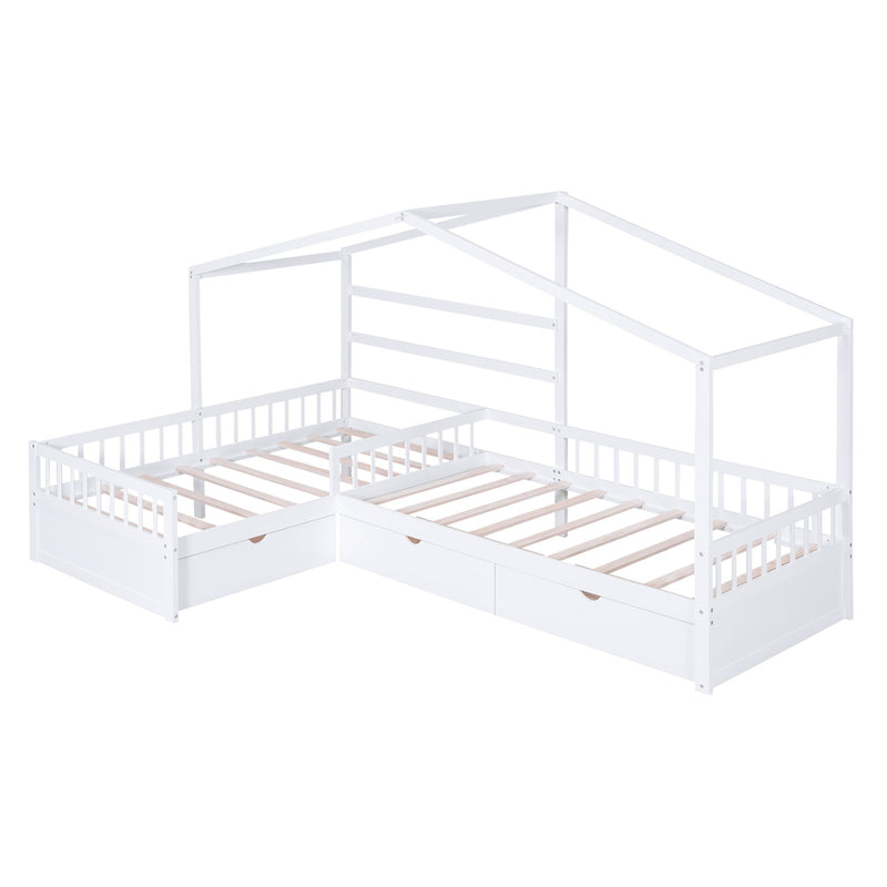 L Shape Platform Bed With 3 Storage Drawers