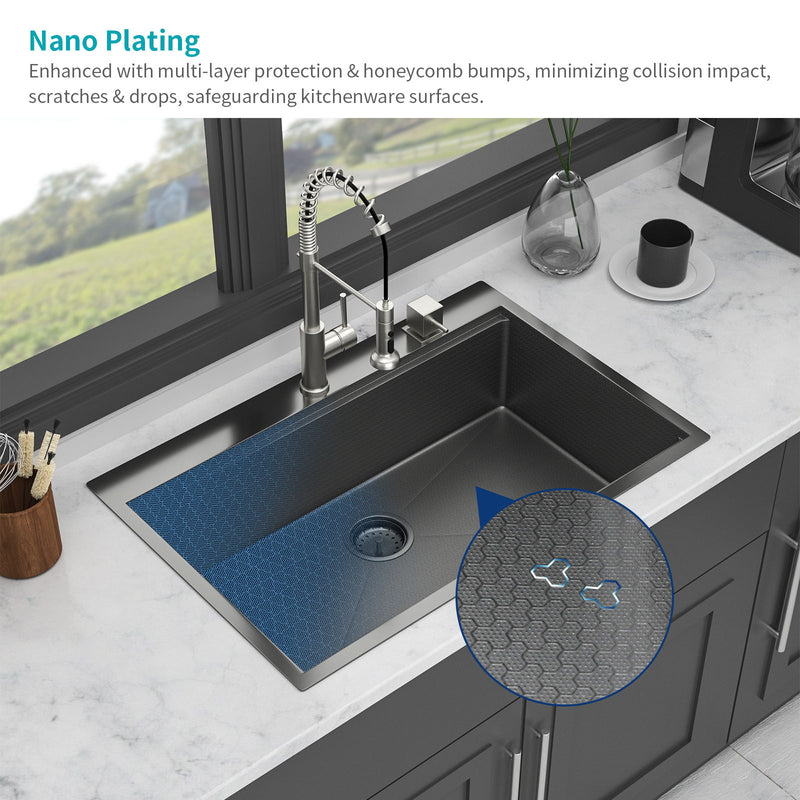 33" Drop In Kitchen Sink With Ledge Workstation, 16 Gauge Stainless Steel - Gunmetal Black
