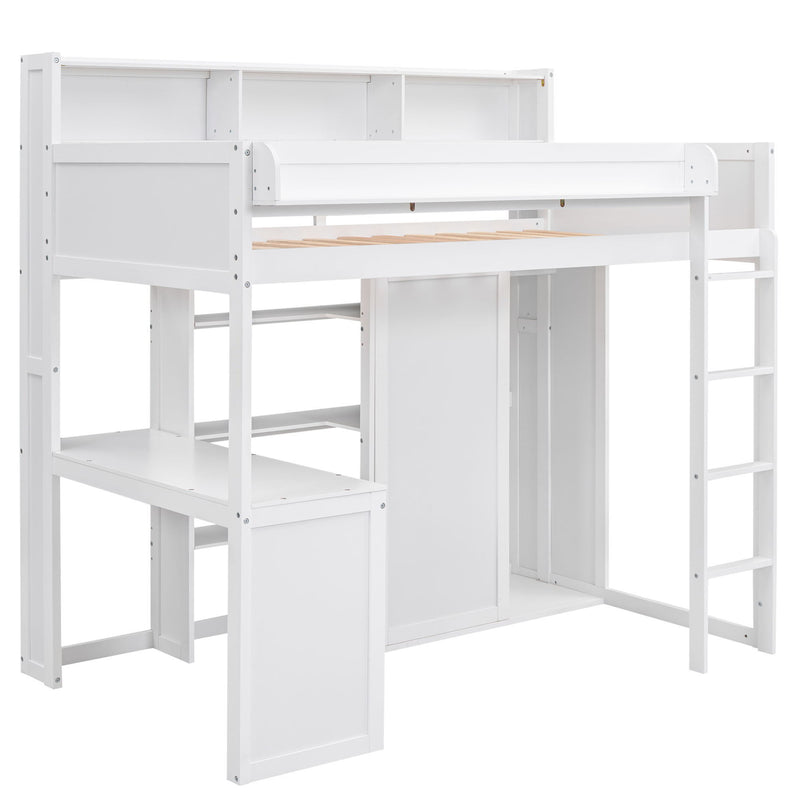 Loft Bed With Built In Desk, Storage Shelves, And Wardrobe