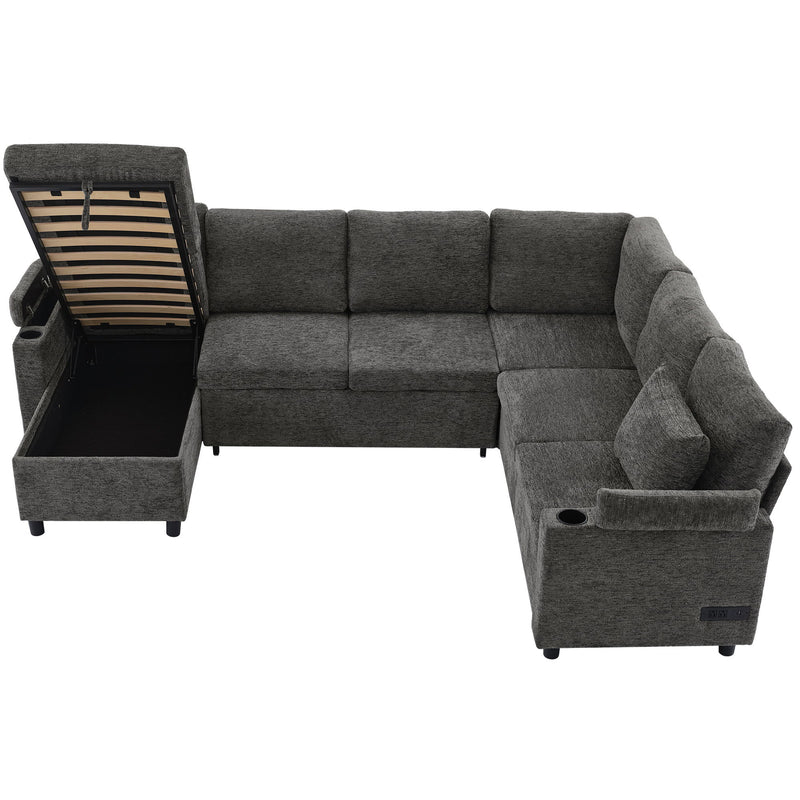 U-Shaped Sectional Sleeper Sofa With Ample Storage Space, 2 Cup Holders And Charging Ports For Living Room