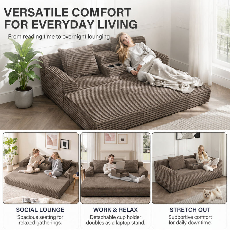 Soft Striped Convertible Sofa Bed, Dual Use Lounge Couch With Cup Holders And Pillows
