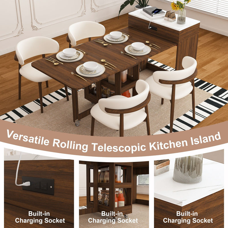 Extendable Dining Table With Power Socket, Lockable Casters, Storage Cabinet