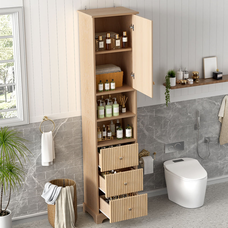 Tall Bathroom Cabinet With 1 Door, 3 Drawers, Open Storage - Wood