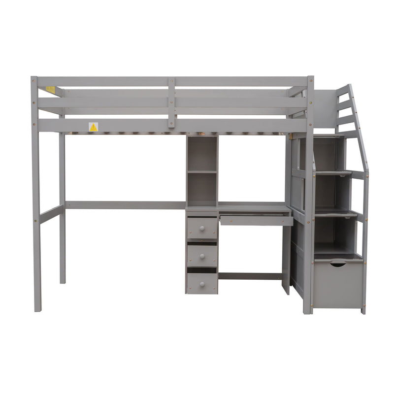 Loft Bed With Stand Alone Bed, Storage Staircase, Desk, Shelves, And Drawers