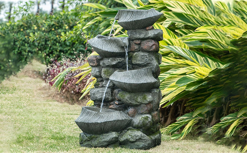 Indoor Outdoor Stone Water Fountain, 4 Tier Polyresin Cascading Rock Bowl Freestanding Fountain With LED Ligh - Gray